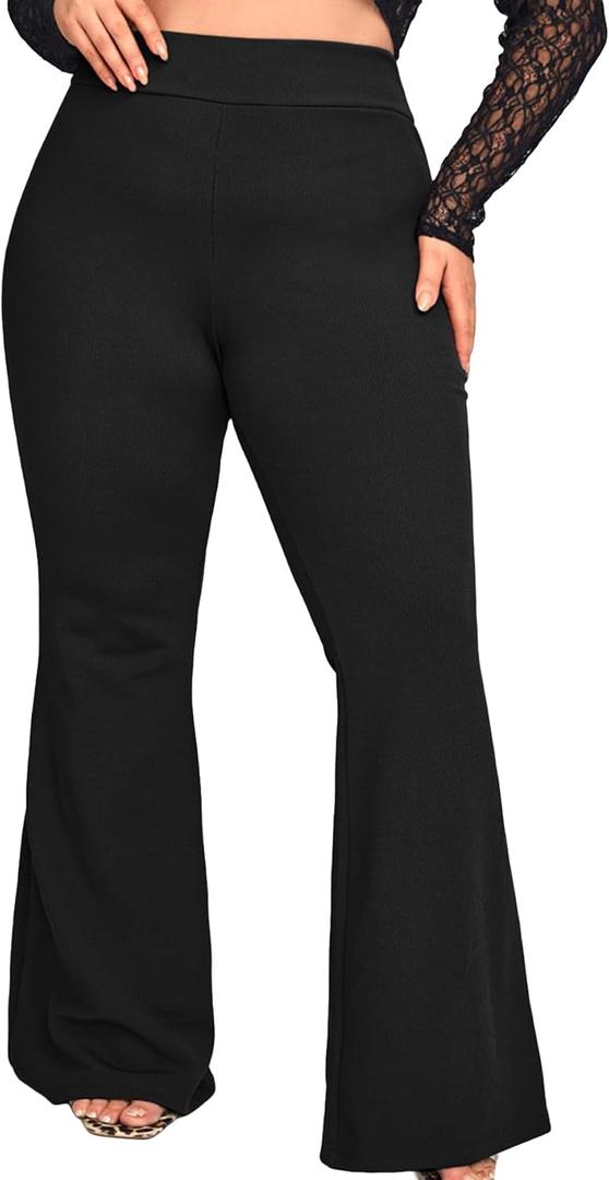 WDIRARA Women's Plus Size Elastic High Waist Flare Bell Bottom Ribbed Knit Long Pants (3X-Large Plus, Black)