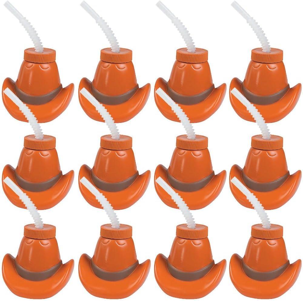 Fun Express Cowboy Party Favors - Western Cups with Lids & Straws 12 Pack | Cowgirl Birthday Party Supplies for Kids | Rodeo Themed Celebrations | Plastic Cowboy Hat Cups 15oz | Boot Cup Design