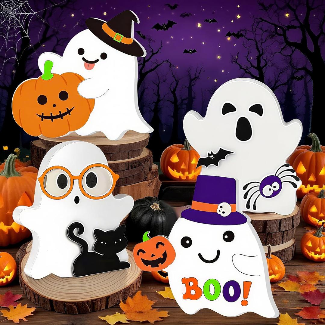 Cute Wooden Halloween Ghost Decor Set of 4 - Spooky Cute Halloween Decorations for Indoor Tiered Tray, Tabletop, Shelf & Mantel