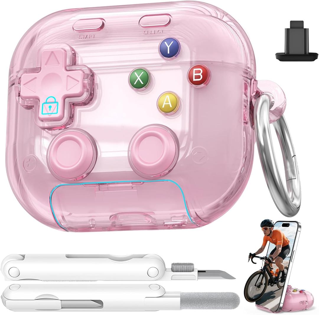 For AirPods 4 Case Cover, with Pressable Button, Safety Lock & Phone Stand,Cool Funny Gifts Case for Women Men to Relief Stress,Clear Pink