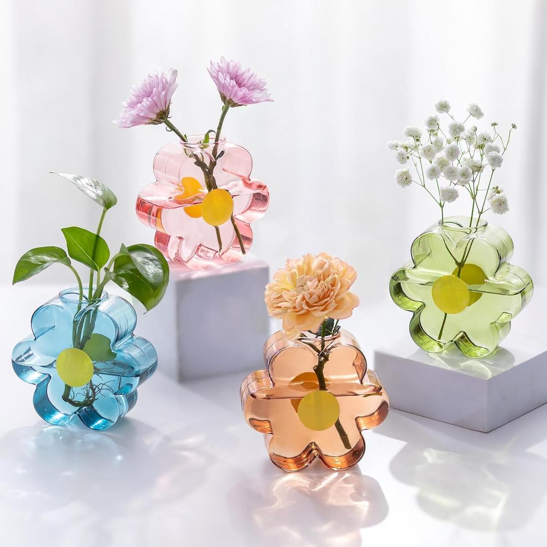 Hewory Unique Small Vases for Flowers: Colorful Vase Set Girly Home Shelf Decor - Cute Glass Bud Vases for Centerpieces Modern Living Room Office Bedroom (Pink & Blue & Green & Amber)