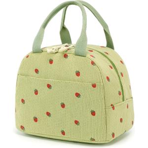 Bluboon Lunch Bag for Women Men Cute Corduroy Lunch Tote Bags Reusable Insulated Lunch Box Large Capacity Reusable Insulated Cooler for Work Picnic or Travel (Corduroy strawberry Green)