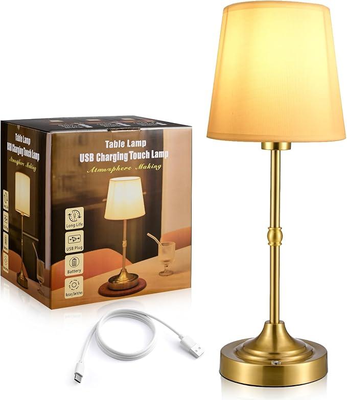 SlowTon Cordless Table Lamp, Dimmable USB Rechargeable Touch Night Lamp, Portable Bedside Table Lamp with Fabric Shade, for Living Room, Dorm, Bedroom, Dining, Patio
