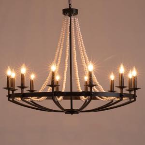 Farmhouse Candle Chandelier, 39" Black Wagon Wheel Chandelier with Wood Bead, Rustic French Country Style,Dining Room Lighting Fixture for Living Room, Bedroom, Kitchen, Hallway, Foyer (D39"xH33.5")