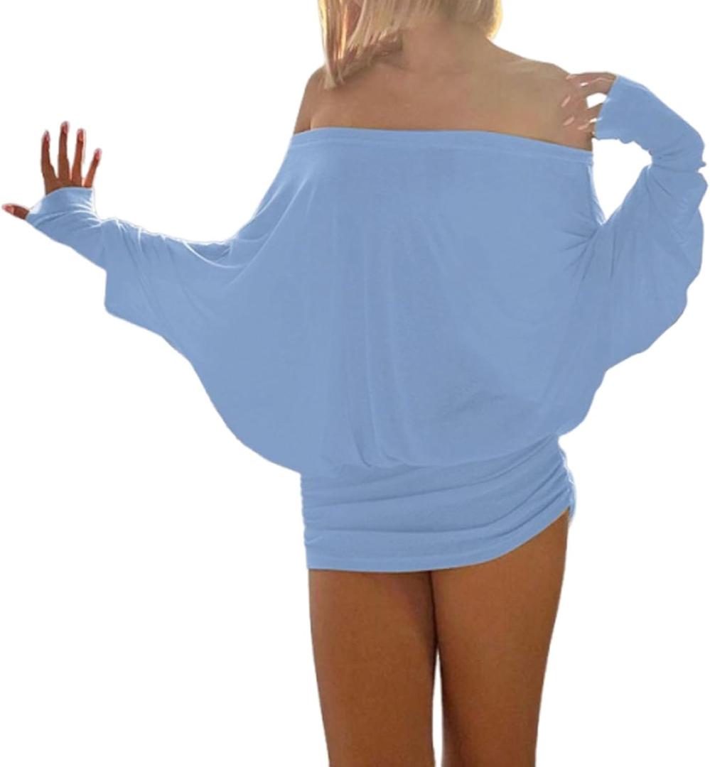 Women's Sexy Off The Shoulder Batwing Dress Loose Fit Ruched Casual Going Out Long Sleeve Night Club Mini Dress (Blue, M)