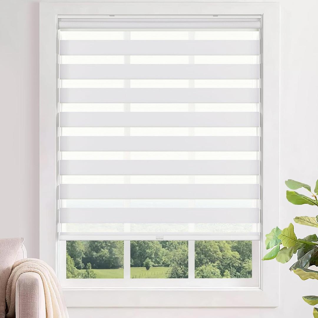 LazBlinds No Tools No Drill Cordless Zebra Blinds for Windows, Dual Layer Light Control for Day and Night, Light Filtering Privacy Roller Blinds and Shades for Home, 30" W x 72" H, White