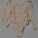 Chunpin Women's Bodysuits Square Neck Long Sleeve Bodysuits Mesh Ruched Thong Body Suit Outfits Going Out Tops (Large)