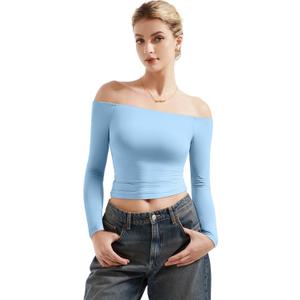 SUUKSESS Women Off Shoulder Double Lined Long Sleeve Shirts Basic Going Out Tops (X-Large, Sky Blue)
