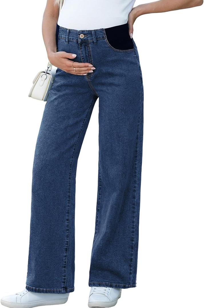 BLENCOT Maternity Jeans for Women High Waist Straight Leg Pregnancy Denim Pants with Pockets (Large, Dirty Blue)