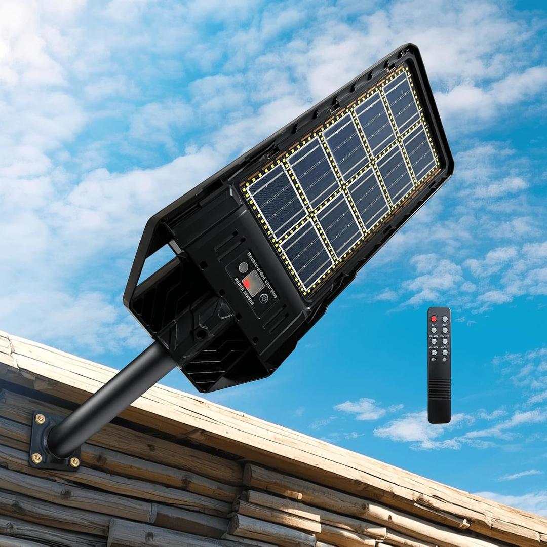 3000W Solar Street Light Outdoor with Motion Sensor & Remote, Super Bright Waterproof Dusk to Dawn LED Floodlight for Driveway, Yard, Parking Lot, Dual-Sided Solar Panel