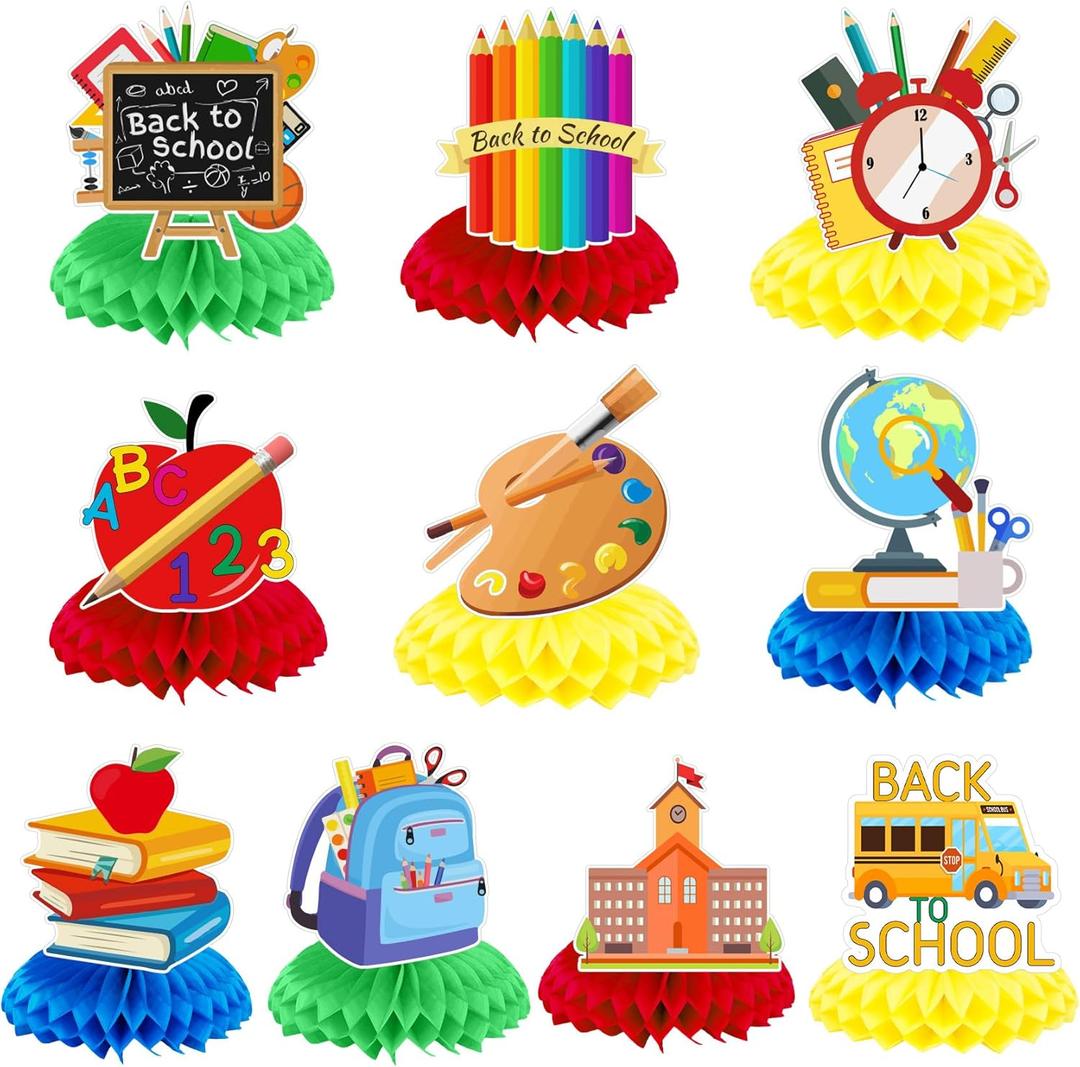 2 x 10 Pcs Back to School Decorations, First Day of School Table Toppers Honeycomb Ornaments Centerpieces, Schools Bus Pencil for Classroom Table Decoration Kids Welcome Back to Schools Party Supplies