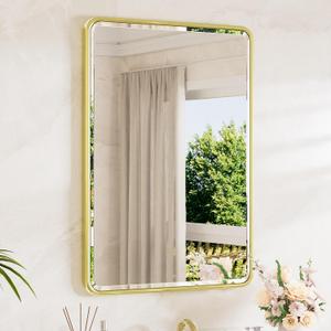 Brushed Gold Bathroom Mirror for Over Sink 24 x 36 Beveled Edge Tempered Glass, Rounded Corner Rectangle Framed Mirror for Modern Bathroom, Living Room, Bedroom, Entryway