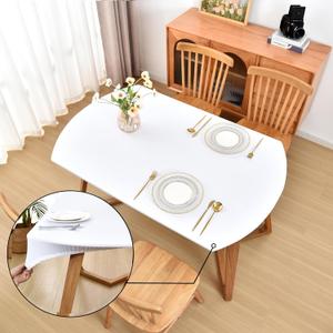 Oval White Fitted Tablecloth with Elastic 48x72 inch for Oval Tables Washable Stretchy Spandex Fabric Table Cover Cloth Not Vinyl Table Protector (72" x 48" (Oval))