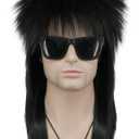 VGbeaty Men and Women Long Straight Wig 70s 80s Rocker Punk Rock Disco Mullet Wig (Black)