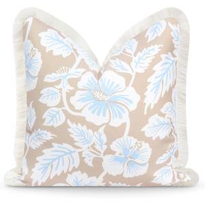 Hofdeco Premium Coastal Patio Indoor Outdoor Throw Pillow Cover Only, 20"x20" Water Repellent for Backyard, Couch, Tan Baby Blue Print Tropical Hisbucs Flowers