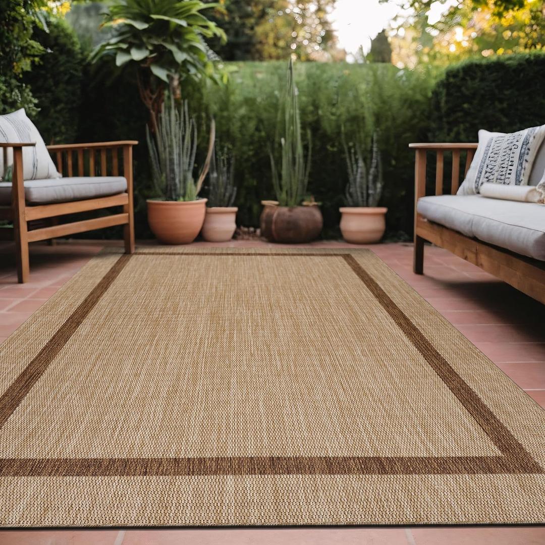 Bordered Outdoor Rug 5x7 Washable Outside Carpet for Indoor Patio Porch Waterproof Easy Cleaning Non Shedding Area Rugs Jute Beige - Nut Brown 5 x 7 (7' x 5' (Rectangular), Bordered - Natural)