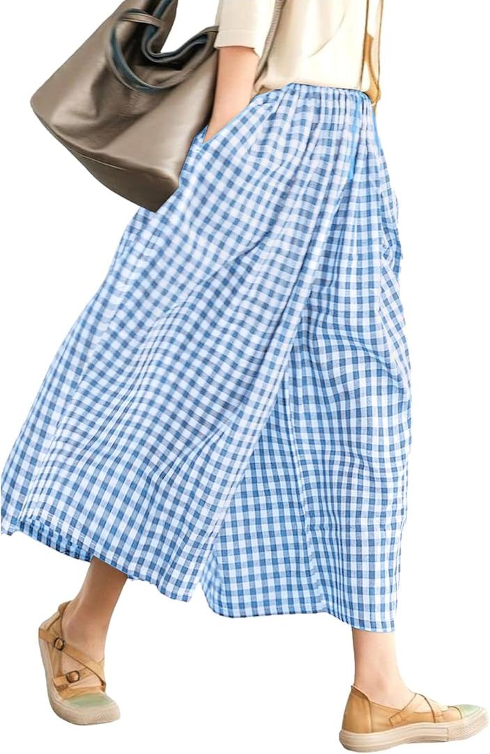 LOMON Womens Wide Leg Capri Pants Gingham Plaid Culottes Summer Elastic Waist Palazzo Trousers Bottoms with Pockets M