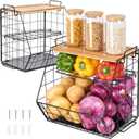 Fruit Basket for Kitchen with Bamboo Cutting Board 2 Set, 3 Tier Stackable Wire Wall Basket, Onion Potato Vegetable Storage for Countertop Floor Cabinet Shelf