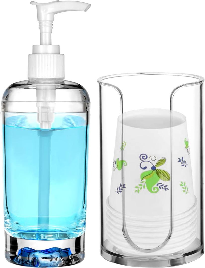 Mouthwash Dispenser for Bathroom Plastic Refillable Mouthwash Dispenser with Paper Cup Holder Clear Mouth Wash Pump Bottle for Guest Bathroom, Lavatory, Cupboard, Countertop (1 Set)