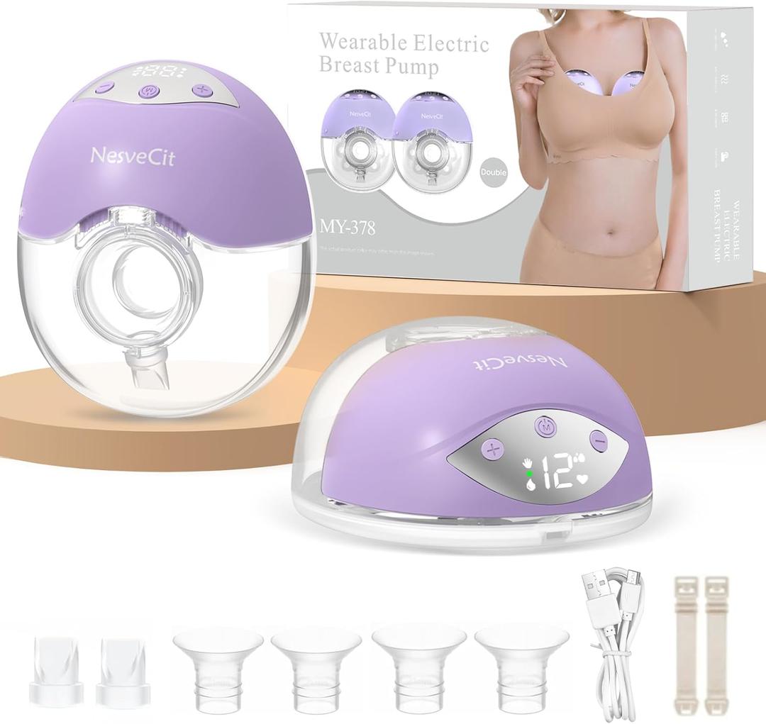 Electric Breast Pump Hands Free, Wearable Breast Pump with 4 Modes/12 Levels, Portable Painless Pumping, Adjustable Flange Sizes 19/21/24mm, Timer LCD Display Memory Function, 2 Pack Purple