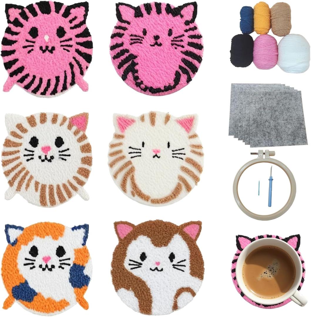 57lilina Punch Needle Coaster Kit for Adults Beginners Kids, 6 Set Complete Animal Cat Punch Needle Stitching Embroidery Art Kit, Step-by-Step Guide Make Punch Needling Drink Coasters for Starter