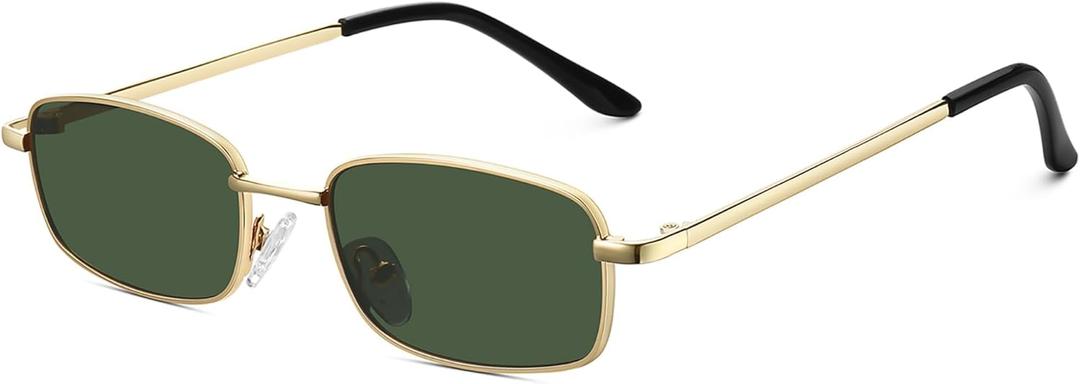 Rectangle Sunglasses for Women 90s Retro Small Narrow Square Frame UV400 Protection (Gold Frame Green Lens)