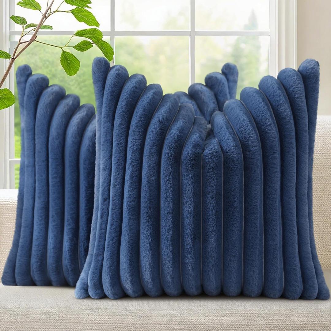 decorUhome Cozy Faux Fur Throw Pillow Covers 24x24 Set of 2 Decorative Soft Plush Striped Modern Farmhouse Boho Couch Euro Sham Pillow Cases with Velvet Back for Sofa Bed Living Room, Blue