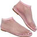 Ultra Comfortable Mesh Flats for Women Fishnet Sandals Low Heel Slip on Rhinestone Shoes (8, Pink)