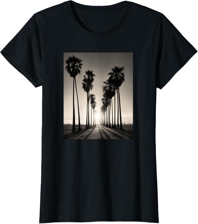 Black & White Photo of Palm Trees Sunset Vintage Photography TShirt, Small