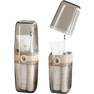Topavatop Toothbrush Travel Case, 2 in 1 Toothbrush Holder and Rinse Cup, Large Capacity Toothbrush Cup with Cover, Portable Travel Toothbrush Holder for Traveling, Camping, Trip - 1Pcs - Beige&Clear