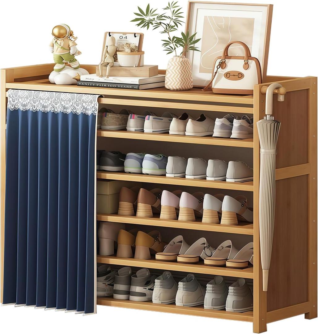 6-Tier Bamboo Shoe Rack with Cover, Free Standing Shoe Racks, Bamboo Wood Shoe Rack for Entryway & Closet, Holds up to 18-24 Pairs of Shoes 38.8" x 10.4" x 37.8"