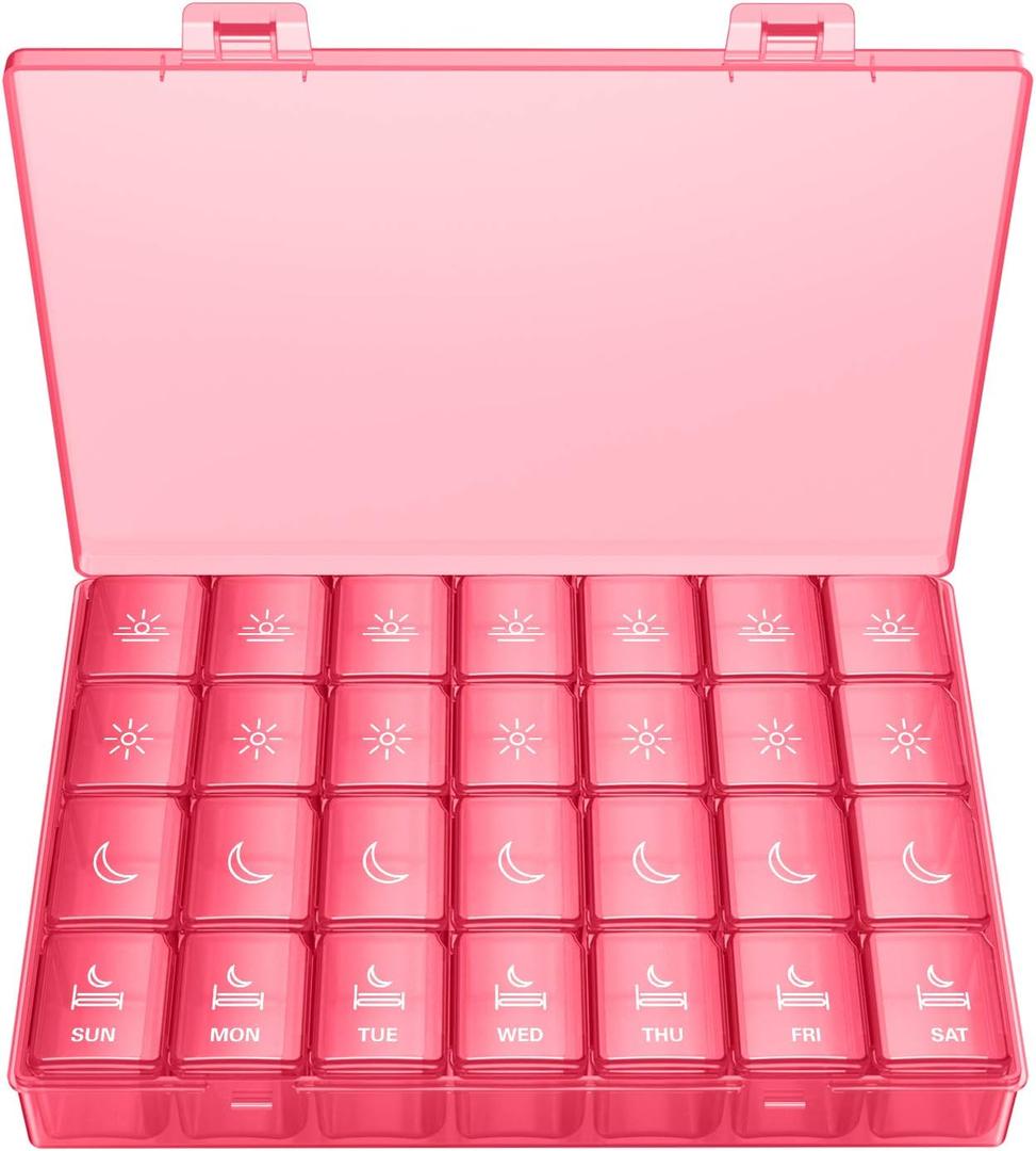XL Pill Organizer 4 Times a Day, BUG HULL Extra Large Weekly Pill Box Case, 7 Day Vitamin Container Daily Pill Holder for Cod-Liver Oil, Vitamins, Supplements (Pink)