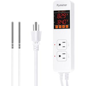 Pymeter Digital Temperature Controller Dual Probe Reptile Thermostat Controlled Outlet for Terrarium Heat Mat Heating Pad, Switch Cooling Fan Freezer Fridge ON & Off at Setpoints 10A 1200W