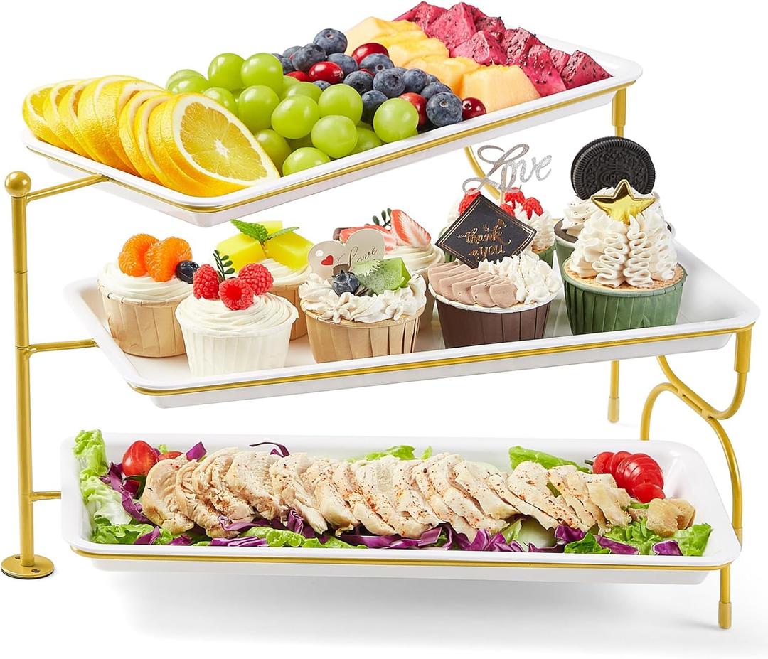 Lifewit 3 Tiered Tray Stand for Party Entertaining, 14"6.5" Serving Platters and Trays, Reusable Plastic Trays with Stable Gold Mental Stand for Veggie, Fruit, Cookies, Dessert