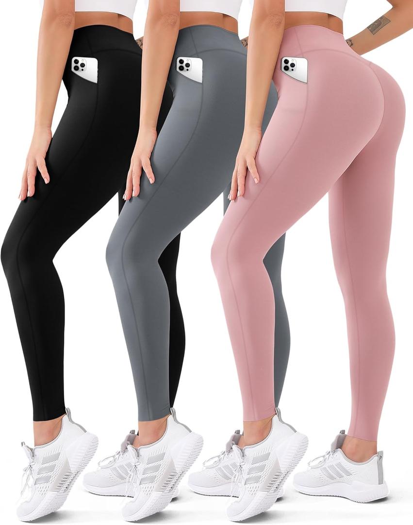 3 Pack High Waisted Leggings for Women Butt Lift Tummy Control Yoga Pants Non See-Through Workout Running Pants (Large-X-Large, 033 Black/Pink/Grey)