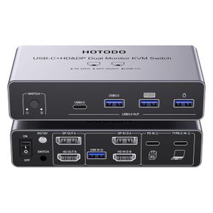 USB C KVM Switch 2 Monitors for 1 Laptop 1 Desktop, 4K@60Hz Dual Monitors HDMI DP KVM Switch for 4 USB 3.0 Ports,Docking Station KVM Switches, PD Charging,with Wired Remote Control and USB Cable