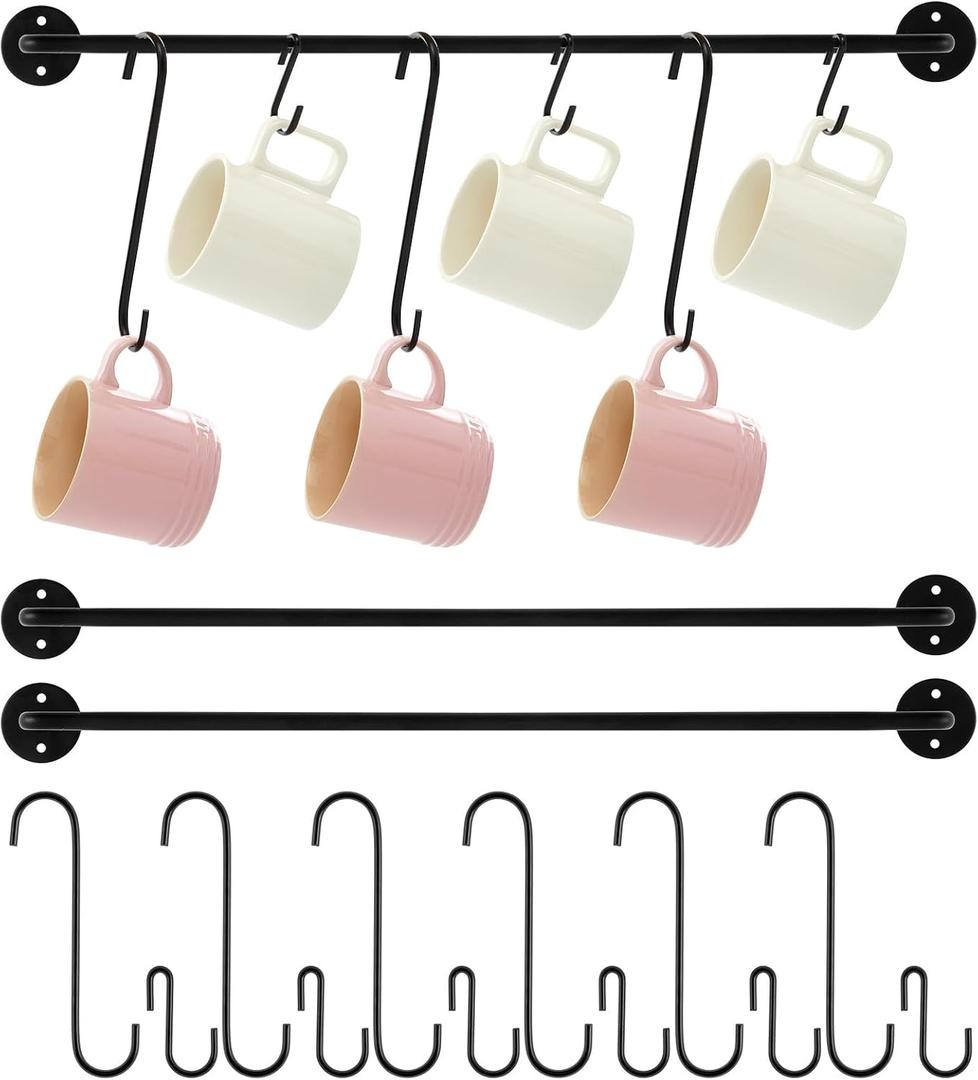 Set of 2 Coffee Mug Holder Wall Mounted Coffee Mug Rack with 12 Hooks Cup Holder Organizer Hanger for 12 Cups Kitchen Bar Restaurant Hanging Storage Display