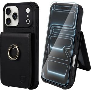 VANAVAGY Compatible for iPhone 17 Pro Wallet Case with RFID Blocking Card Holder, [Screen Protector] PU Leather Shockproof Case Magnetic Clasp Ring Kickstand Flip Phone Cover for Women Men,Black