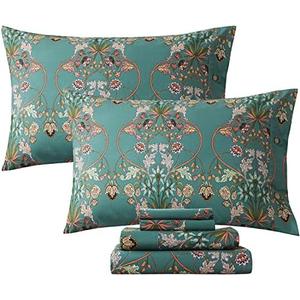 FADFAY California King Sheet Set Shabby Floral Vintage Bed Sheets Percale Cotton Chic Teal Blue Orange American Country Bedding Luxury Soft Breathable Bed Deep Pocket Fitted Sheet 4Pcs, Cal King