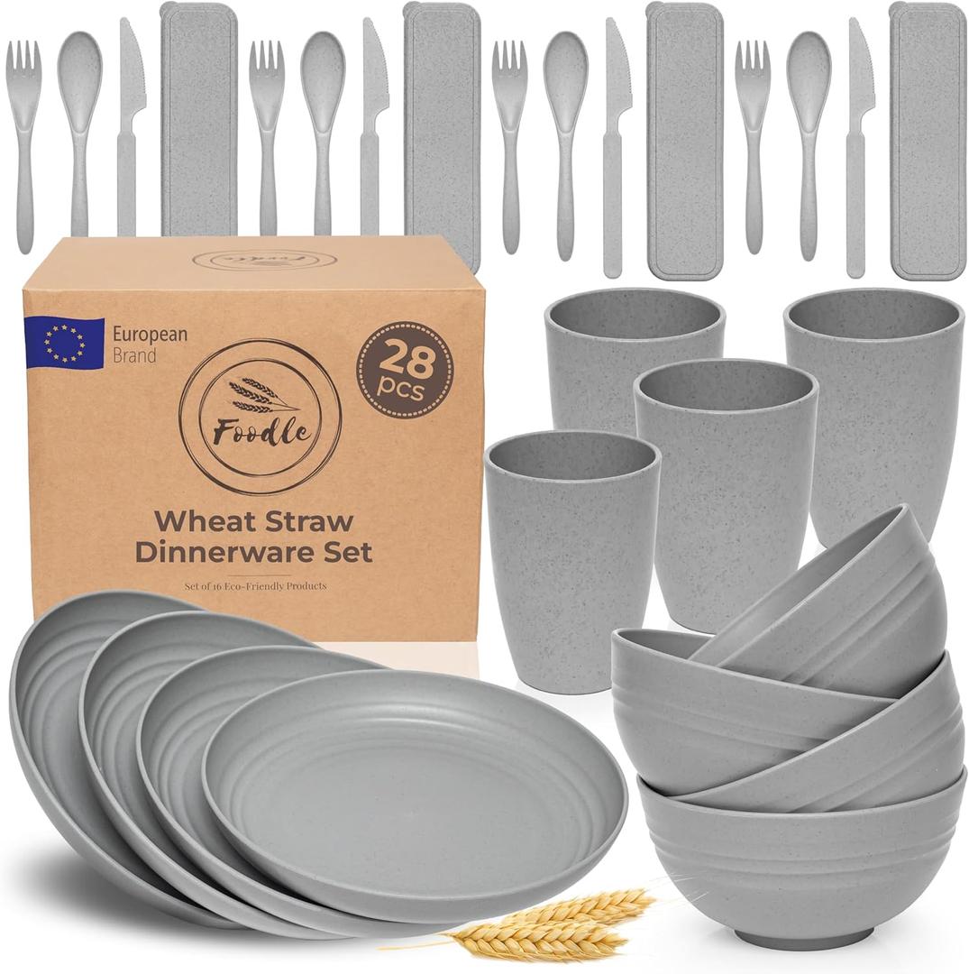 FOODLE Wheat Straw Dinnerware Set - BPA Free & Safety Tested - Microwave & Dishwasher Safe - Perfect for Picnic, Dorm, RV Dishes - Camping Plates Cups and Bowls Set - Great for Kids & Adults - For 4 (Gray)
