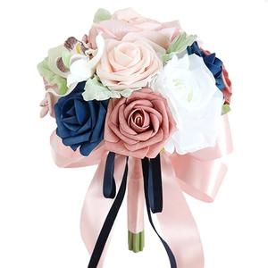 Emivery Bridesmaid Bouquet for Wedding, Dusty Rose and Navy Blue Flowers Wedding Bouquet Bridesmaid Tossing Bouquet for Wedding Ceremony Anniversary Bridal Shower Party Decoration, Pink&blue