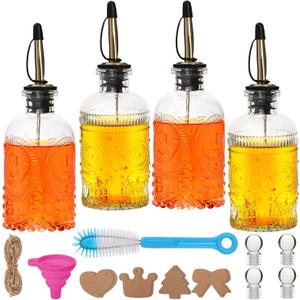 7oz Glass Coffee Syrup Dispenser, 4-Pack Complete Set with Funnel, Brush, Stoppers & Accessories - Syrup Bottles for Coffee Bar with Metal Pour Spout, Ideal for Maple,Oil, Vinegar,Cooking wine