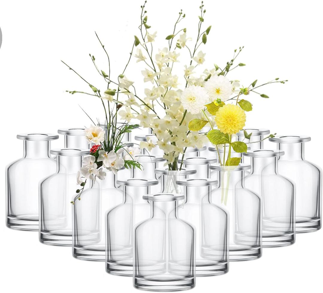 24 Pack Clear Glass Bud Vases Bulk Small Glass Living Vases for Centerpieces Vintage Table Decorative Bottle for Flowers Rustic Wedding Reception Party Decoration(1.85 x 2.87 in)