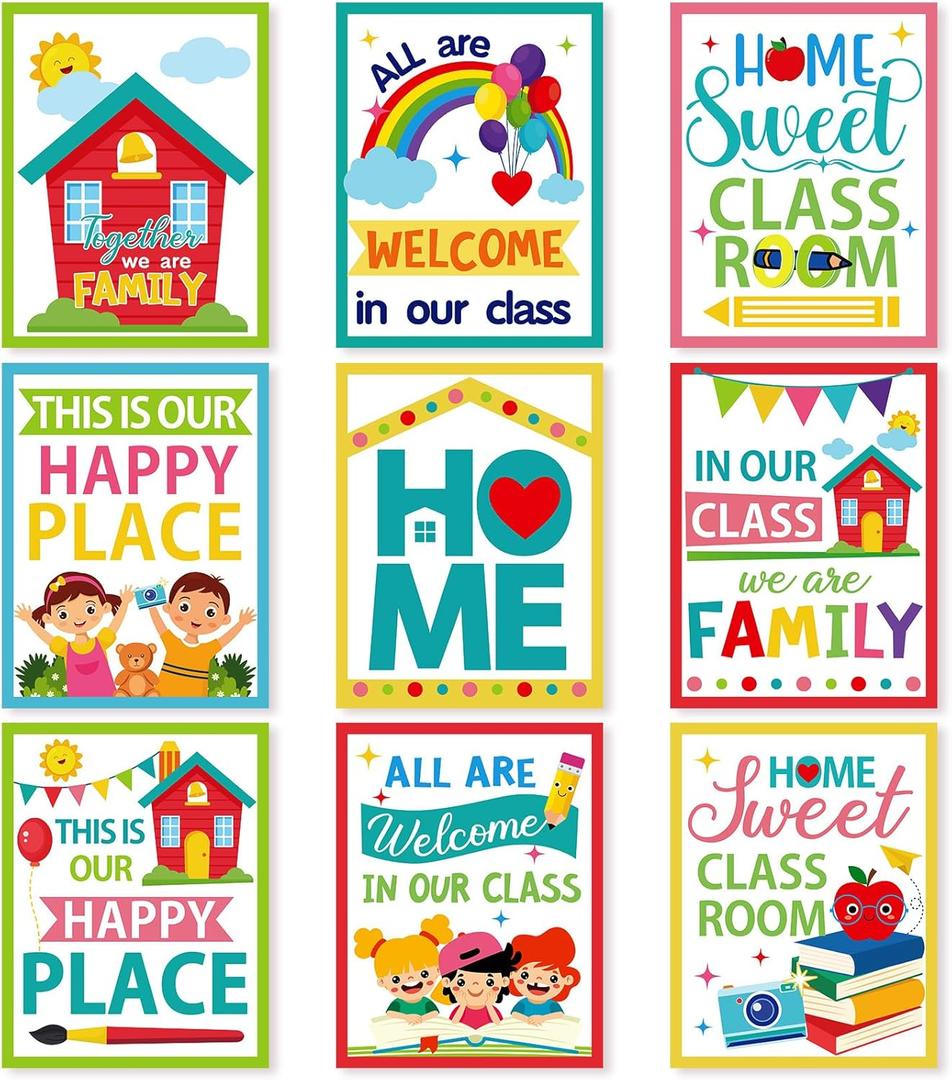 Dunzoom 9 Pcs Our Class Is a Family Poster Family Bulletin Board Decoration Colorful Home Sweet Classroom Poster Set for Teacher Nursery Wall Door Back to School Decor, 19.7 x 13.8 Inch
