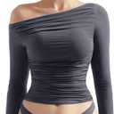 SUUKSESS Women Off Shoulder Long Sleeve Shirts Double Lined Fitted Crop Tops (Medium, Grey)