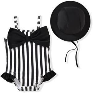 HINTINA Newborn Baby Girl One Piece Swimsuit Sleeveless Bathing Suit with Hat 3-6M