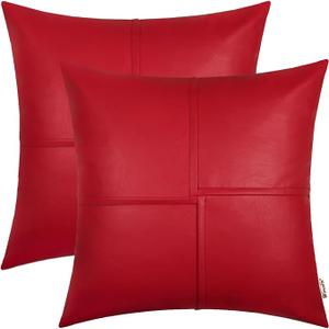 BRAWARM Faux Leather Throw Pillow Covers 20 X 20 Inches, Red Leather Pillow Covers Pack of 2, Hand Stitched Leather Decorative Throw Pillows for Couch Sofa Bed Living Room Home Garden