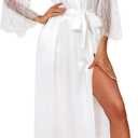 Avidlove Women's Floral Lace Kimono Robe Long Sleeves Dressing Gown Bathrobe Bride Robe Nightwear (S, 1white)