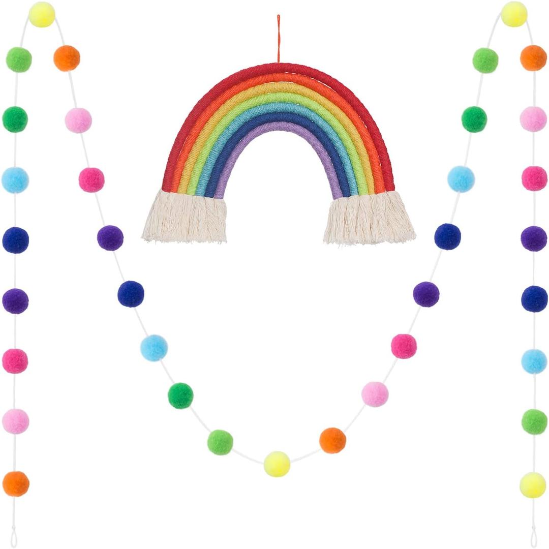 Mkono Tassel Garland Pom Pom Ball String Banner Macrame Rainbow Wall Hanging Decorative Colorful for Boho Home Decor, Party Supplies, Baby Room, Nursery, Classroom, Dorm Room 2 Pack,Small (Small)