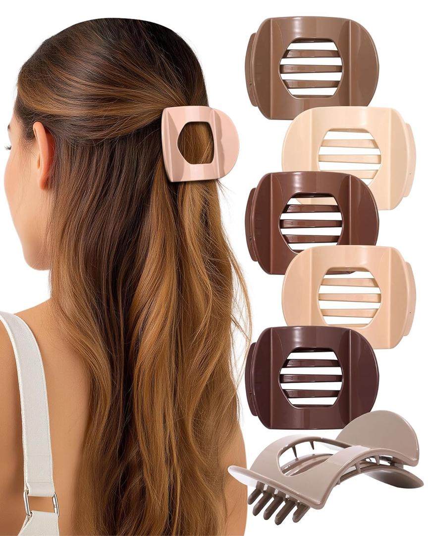 AWAYTR 6Pcs Flat Hair Clips for Women Strong Grip Curved Claw Clip for Thin Hair Non-slip Plastic Hair Barrettes ((Light Brown+Dark Brown+Light Brown+Dark Brown+Off-White+Chestnut))